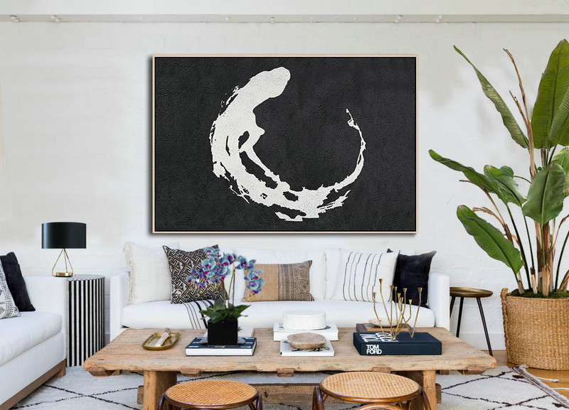 Huge Abstract Canvas Art,Oversized Horizontal Minimalist Abstract Art On Canvas, Black And White Minimalist Painting - Hand Painted Acrylic Painting